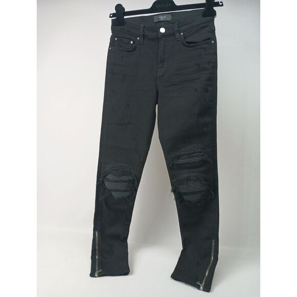 Amiri Women's Black MX1 Leather Patch Ripped Skinny Jeans Size 26